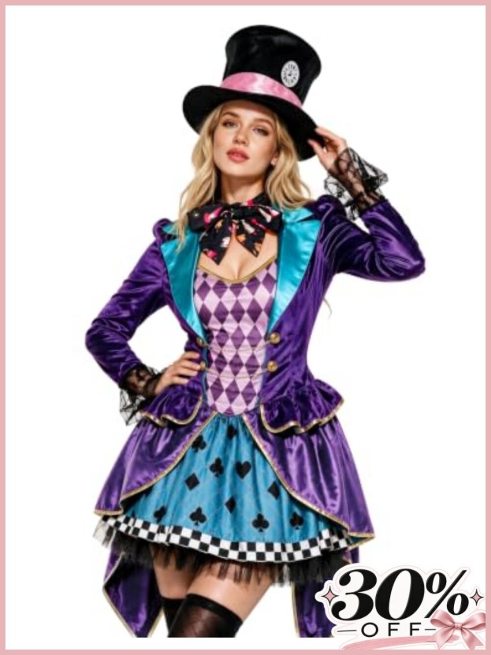 Mad Hatter Costume Dress with Top Hat Velvet Wonderland Halloween Cosplay